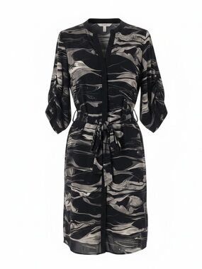 DKNYC Black & Greige Marble Print Button-Front Midi Shirt Dress Sz M Roll Sleeve